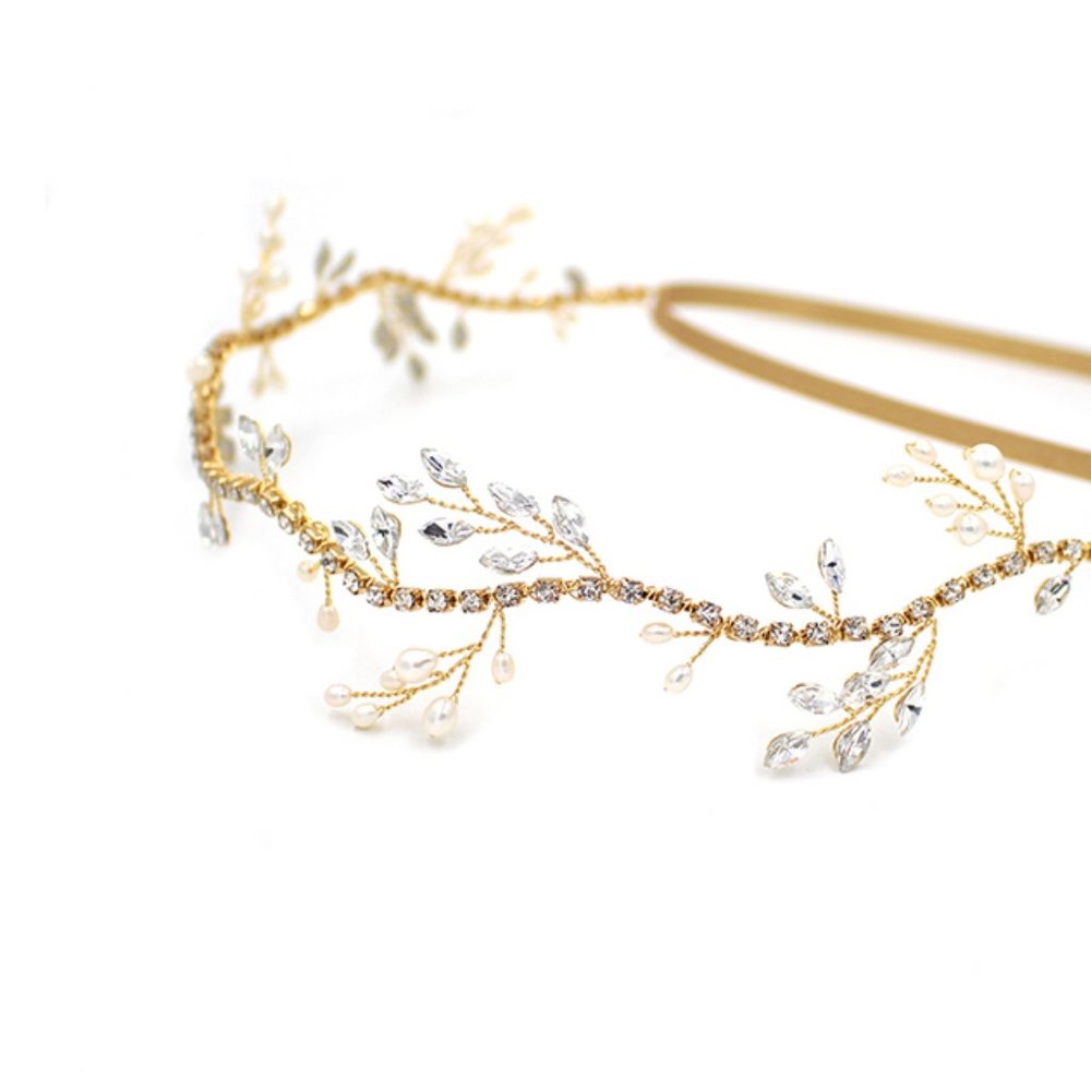 Crystal and Leafy Hair Vine, Headband, Gold